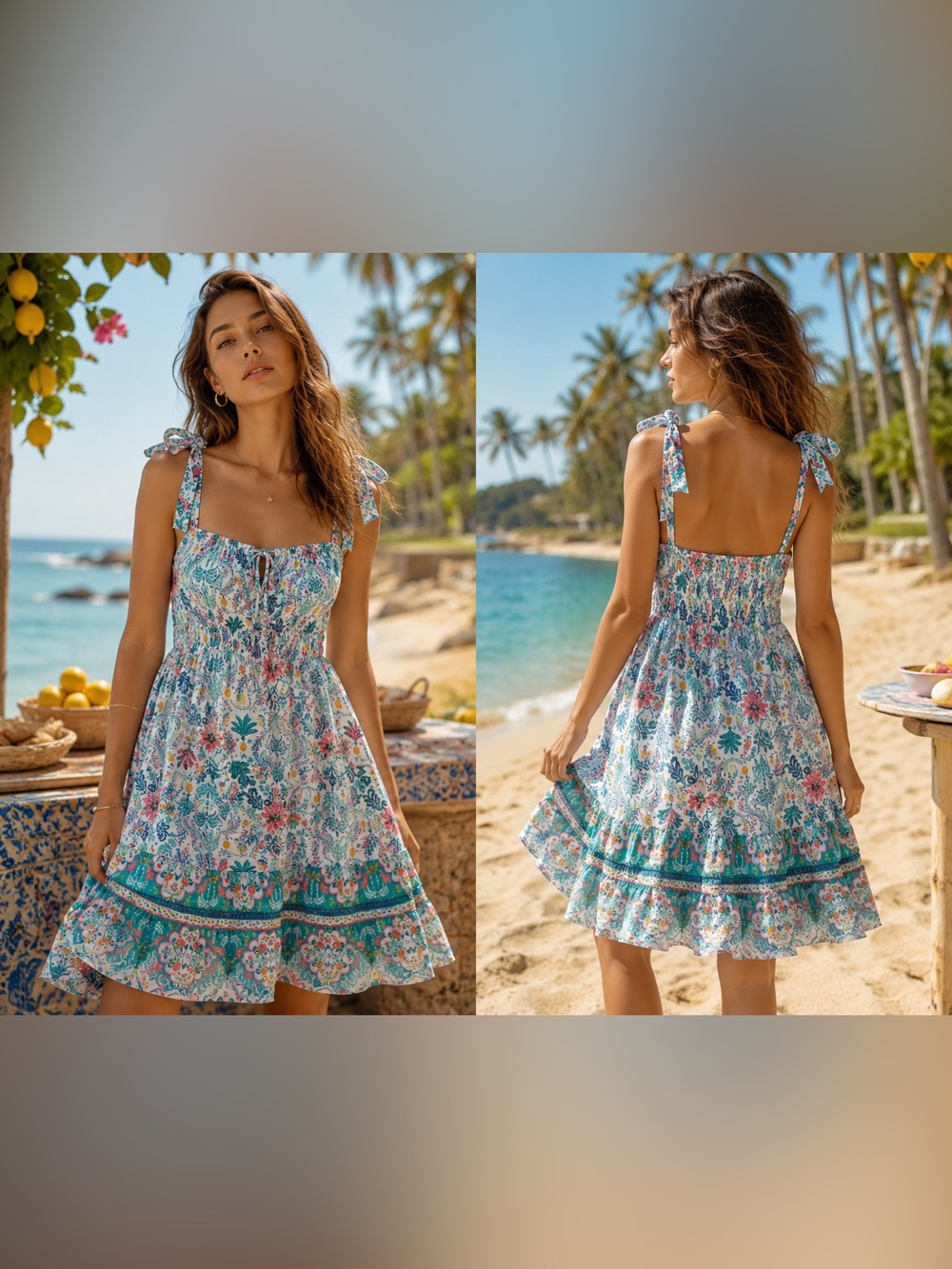 Floral Tie-Shoulder Sundress in Multi-Blue